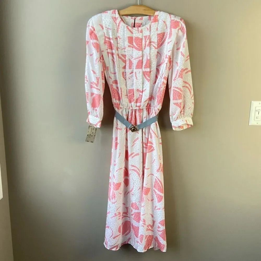 Vintage 80s Pink Secretary Dress w/ Belt | Golden Girls Costume, NWT Deadstock - Picture 10 of 12
